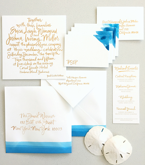 Gold Foil, Blue Dip Dye Invitation Suite
