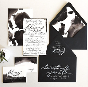 black and white ink stain invitation suite